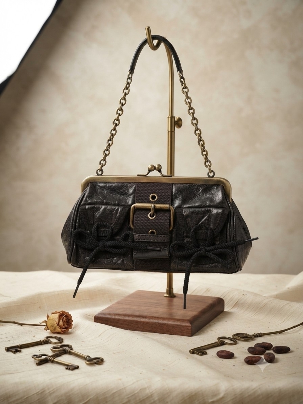 Vintage Cynthia Rowley Y2K Black Leather Kisslock Chain Purse Bag